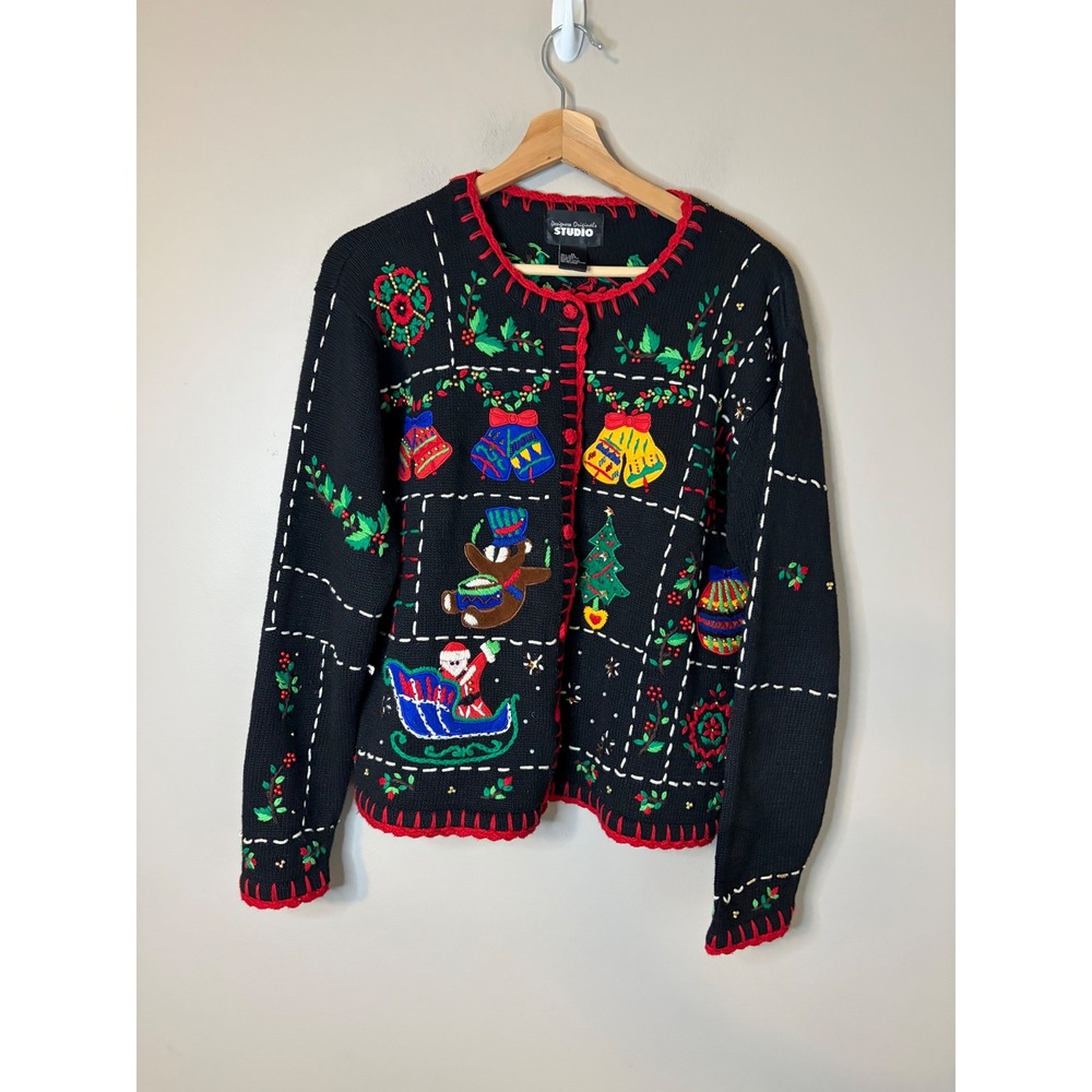 Designers Originals Studio Sweater Womens Medium Black Excellent Ugly Christmas